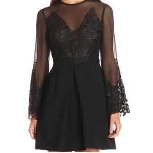 New Jill Stuart Black Sheer Embroidered Silk Long Sleeved Dress Size 4